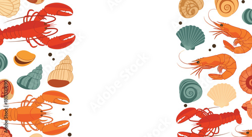 Colorful border design with an assortment of fresh seafood and seashells on a clean white background, perfect for nautical themes.