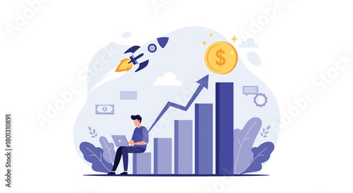 Man working on laptop achieving financial success and business growth represented by a rising bar chart, dollar coin, and a launching rocket.