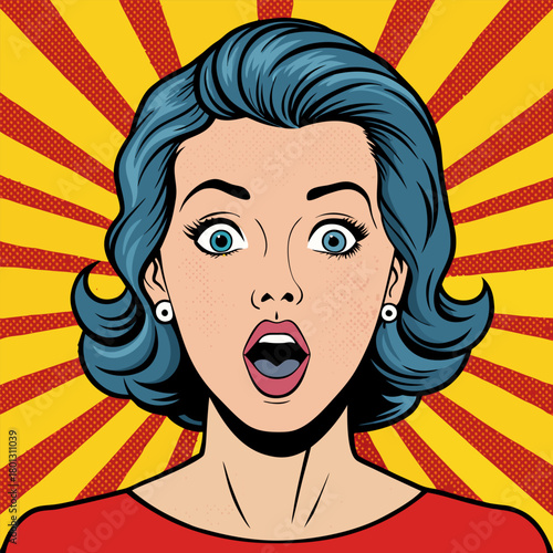 Face of an admiring or surprised woman. Retro pop art comic style. Vector illustration.