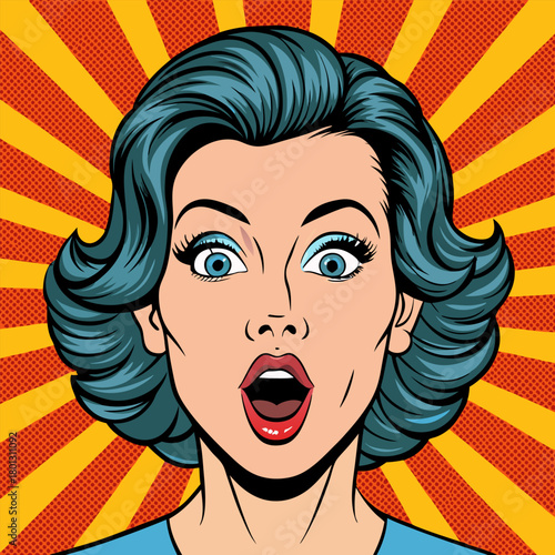 Face of an admiring or surprised woman. Retro pop art comic style. Vector illustration.