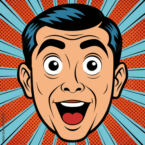 Face of an admiring or surprised young man. Retro pop art comic style. Vector illustration.