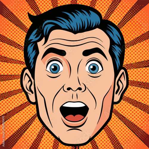 Face of an admiring or surprised young man. Retro pop art comic style. Vector illustration.