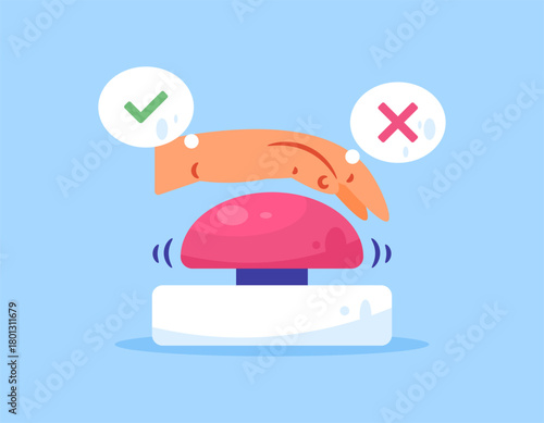 illustration of a hand with a button. concept of choosing, options, making a decision. choosing yes or no, accepting or rejecting, agreeing or disagreeing. flat style design. blue background
