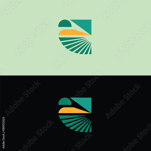 Abstract logo design featuring geometric shapes in green and yellow, presented on both a light green and, creating a modern and eyecatching visual identity