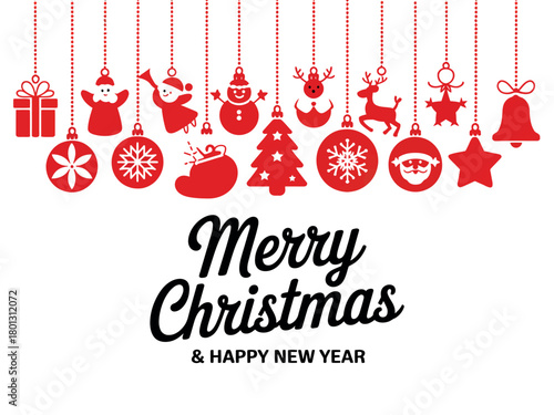 Festive red Christmas ornaments and greetings celebrate the holiday season