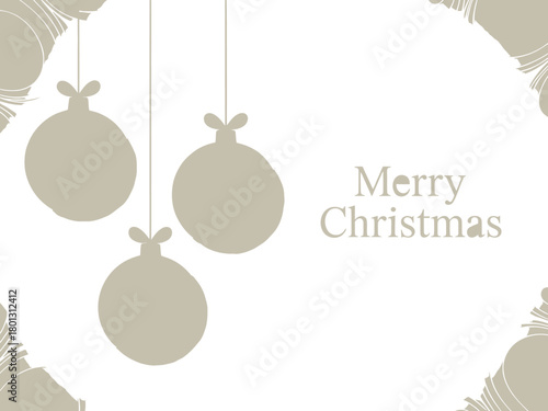 Festive Christmas ornaments hang against a clean, bright background with a simple greeting.