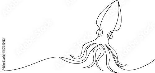 Single line drawing of a squid with wavy lines octopus