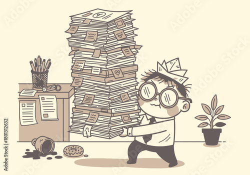 Overloaded Employee with Piles of Documents Illustration
