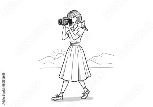 Girl Looking Through Binoculars Illustration