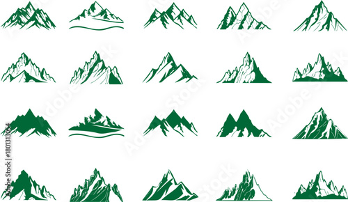 Set of vector mountain silhouette or vintage hill peak outline for forest logo or nature landscape design. Mountain silhouette pattern for hiking or camping business. Summer mountain travel line art.