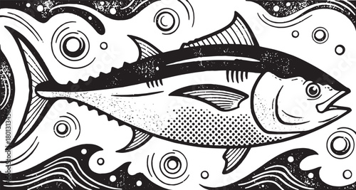 black tuna fish risograph drawing