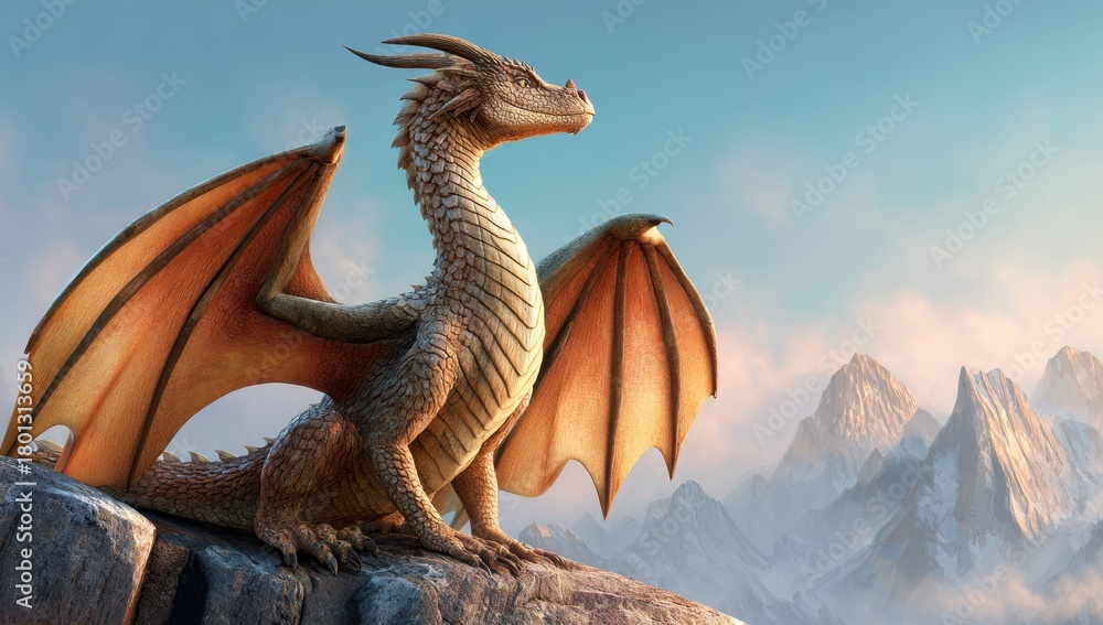 Naklejka premium Dragon With Wings On Rock Overlooking Mountain Range Under Blue Sky Fantasy Creature For Mythical Stories And Adventure Illustrations