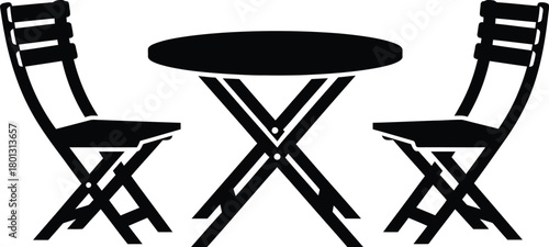 Simple black silhouette of a bistro table and two folding chairs