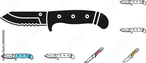 A collection of various knife illustrations in black white and color