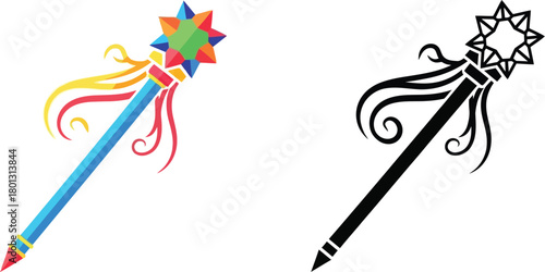 Colorful and monochrome illustrations of magic wands with star shaped tops