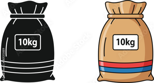 Illustration of two sacks labeled 10kg one black and one beige