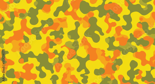 Bright yellow and orange vintage poster art camo background, Retro hippie style camouflage texture in olive green and orange, Vibrant abstract camo wallpaper with 70s design aesthetic