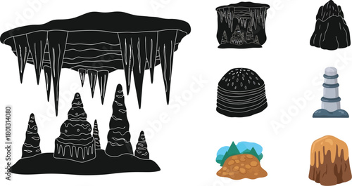 Stylized illustration of cave formations stalactites stalagmites and unique rock structures