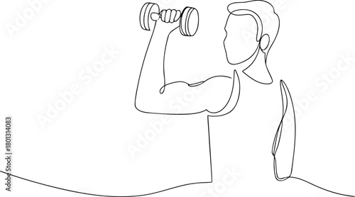 Single line drawing of man lifting dumbbell fitness