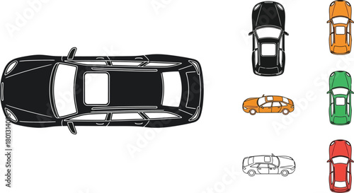 Top down view of various colored car outlines including suv and compact models