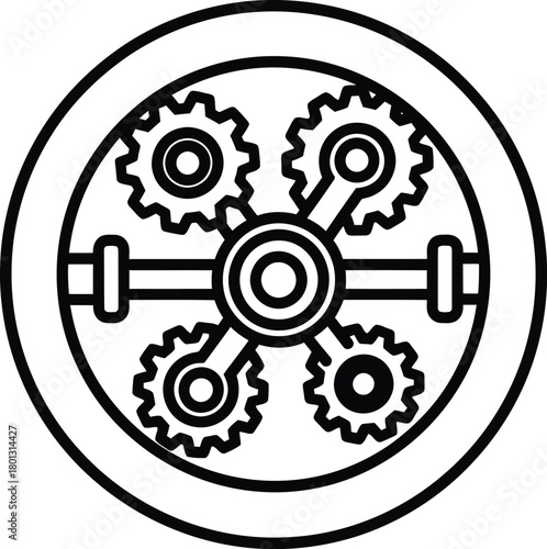 Detailed illustration of mechanical gears and central shaft within a circular frame