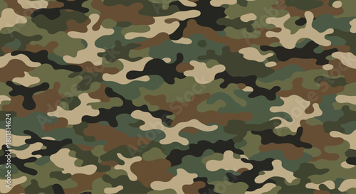 Woodland camouflage vector pattern with earth tones and flat design, Classic military style camo background in green, brown, and black, Woodland camouflage wallpaper