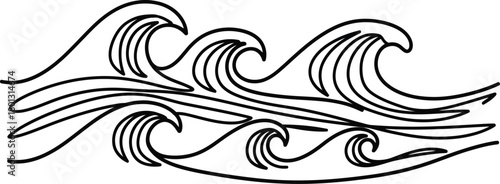 Stylized black and white illustration of rolling ocean waves and water currents