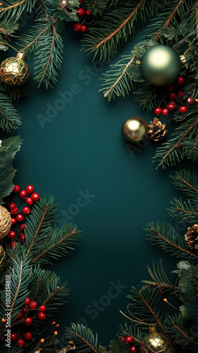 A beautiful christmas background featuring ornaments, pine needles, and berries.