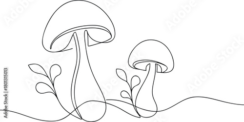 Two mushrooms and leaves continuous line drawing fungi