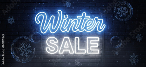 Winter Sale sign text in illuminated neon letters, set against a dark brick wall background with frosty snowflakes and cold steam for a seasonal promotion banner and cover