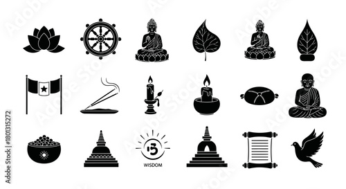 Buddhist Symbols and Icons Set in Black and White.svg
