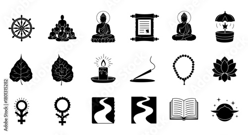 Buddhist Symbols and Meditation Icons Set With Buddha Statues Lotus Flowers and Spiritual Elements.svg