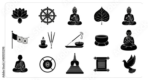Buddhist Symbols Meditation Lotus Dharma Wheel Incense Peace Dove.