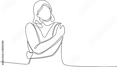 Woman hugging herself in continuous line drawing style