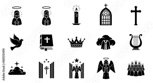 Christian Symbols Icons Set Black White.