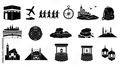 Hajj Umrah Pilgrimage Icons Set.