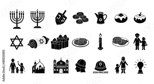 Hanukkah Symbols and Traditions Illustrated Set.
