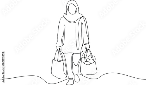 Woman in hijab carrying shopping bags with produce