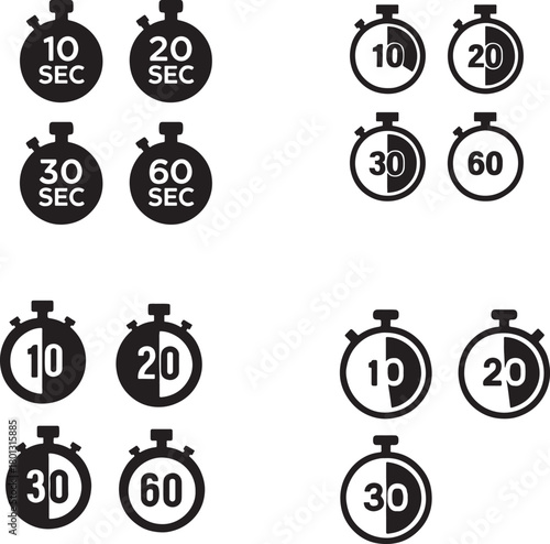 Stopwatch Icons Set - Time Intervals for 10, 20, 30, and 60 Seconds