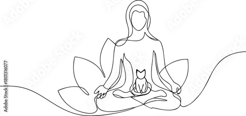 Woman meditating in lotus pose with cat on lotus flower