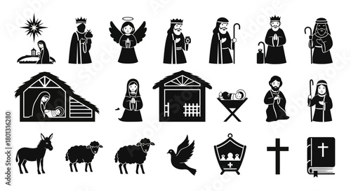 Nativity Scene Icons With Angel Shepherds Wise Men Animals and Symbols.svg
