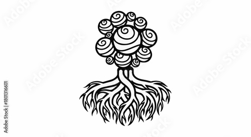 Whimsical tree with swirling fruit and intricate roots, symbolizing growth and nature's abstract beauty.