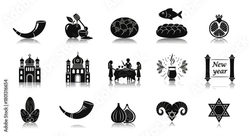 Rosh Hashanah Symbols and Traditions Icon Set Black and White Illustration for Jewish New Year Design.svg