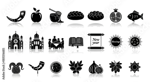 Rosh Hashanah Symbols and Traditions Icon Set Black and White Illustration.svg