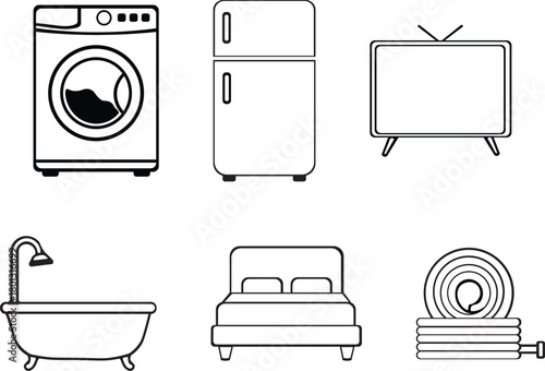icon sheet washing machine, freeze, bed, television, bath tub and water pipe icon set