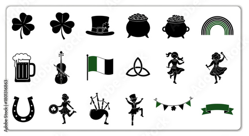 St Patrick's Day Icons Set Shamrocks Pot Gold Rainbow Beer Mug Violin Irish Flag Dancers Bagpipes Banner.svg