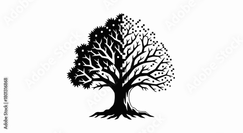 Stylized silhouette of a tree with a detailed trunk and branches, transitioning to a dotted canopy.
