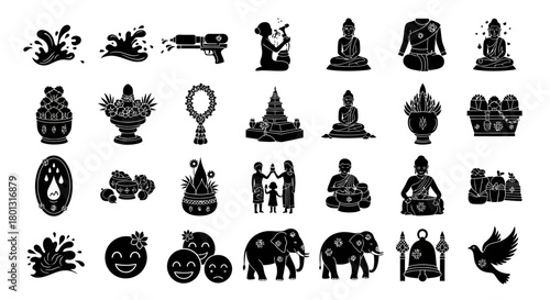 Songkran Water Festival Icons Black White Design.svg