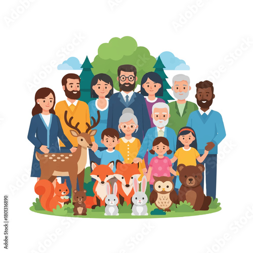 Vibrant diverse group of people together in an outdoor park with friendly animals and warm smiles.