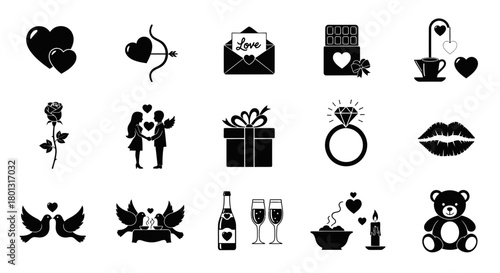 Valentines Day Icons Set With Hearts Roses Gifts and Romance Symbols.svg